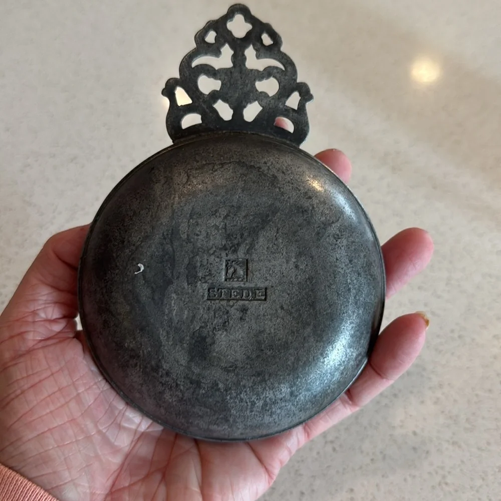 Vintage Stede Pewter Porringer Bowl Colonial Candle Plate Steel Horse Marked